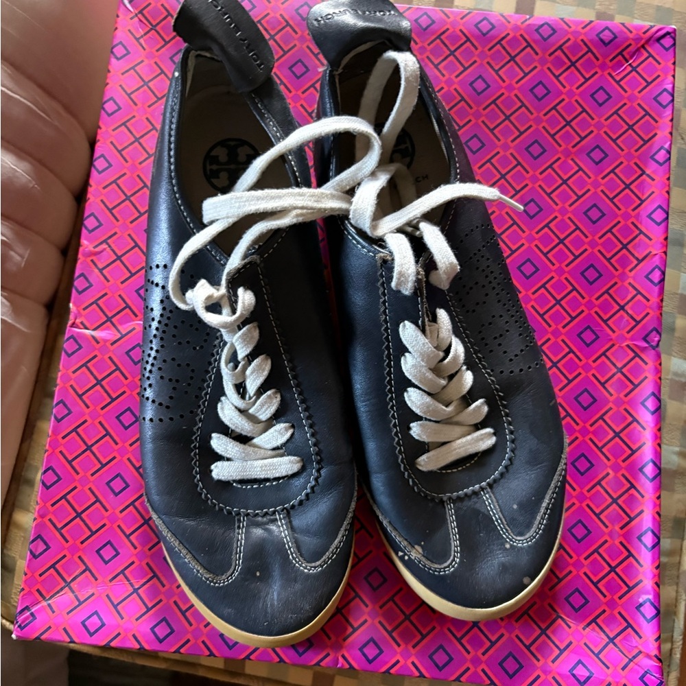 Tory Burch Navy Leather Sneakers with White Laces BOX NOT INCLUDED